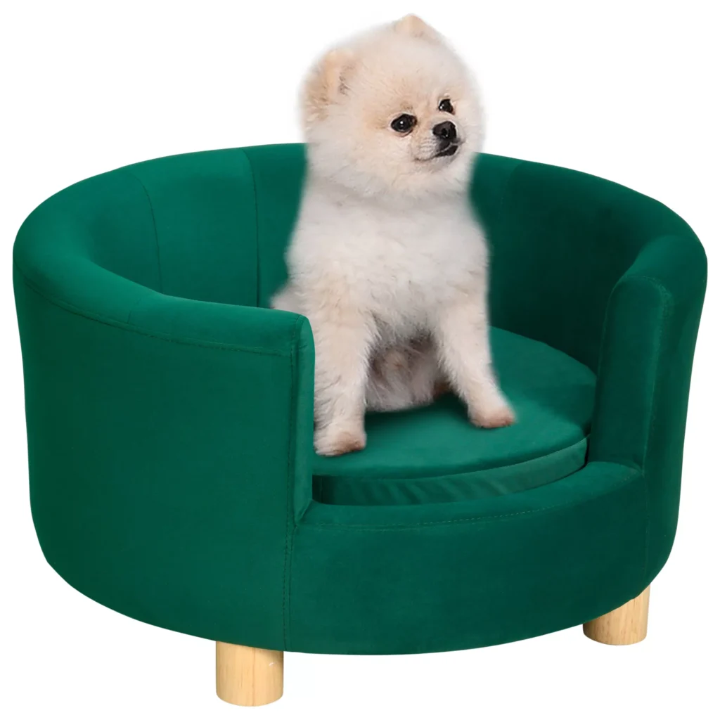 Elegantiška sofa šunims su minkštu užvalkalu ir medinėmis kojomis, 65x64x37cm
