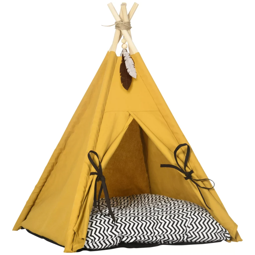 Teepee palapinė augintiniams su pagalvėle, geltonos spalvos 60 x 60 x 76 cm