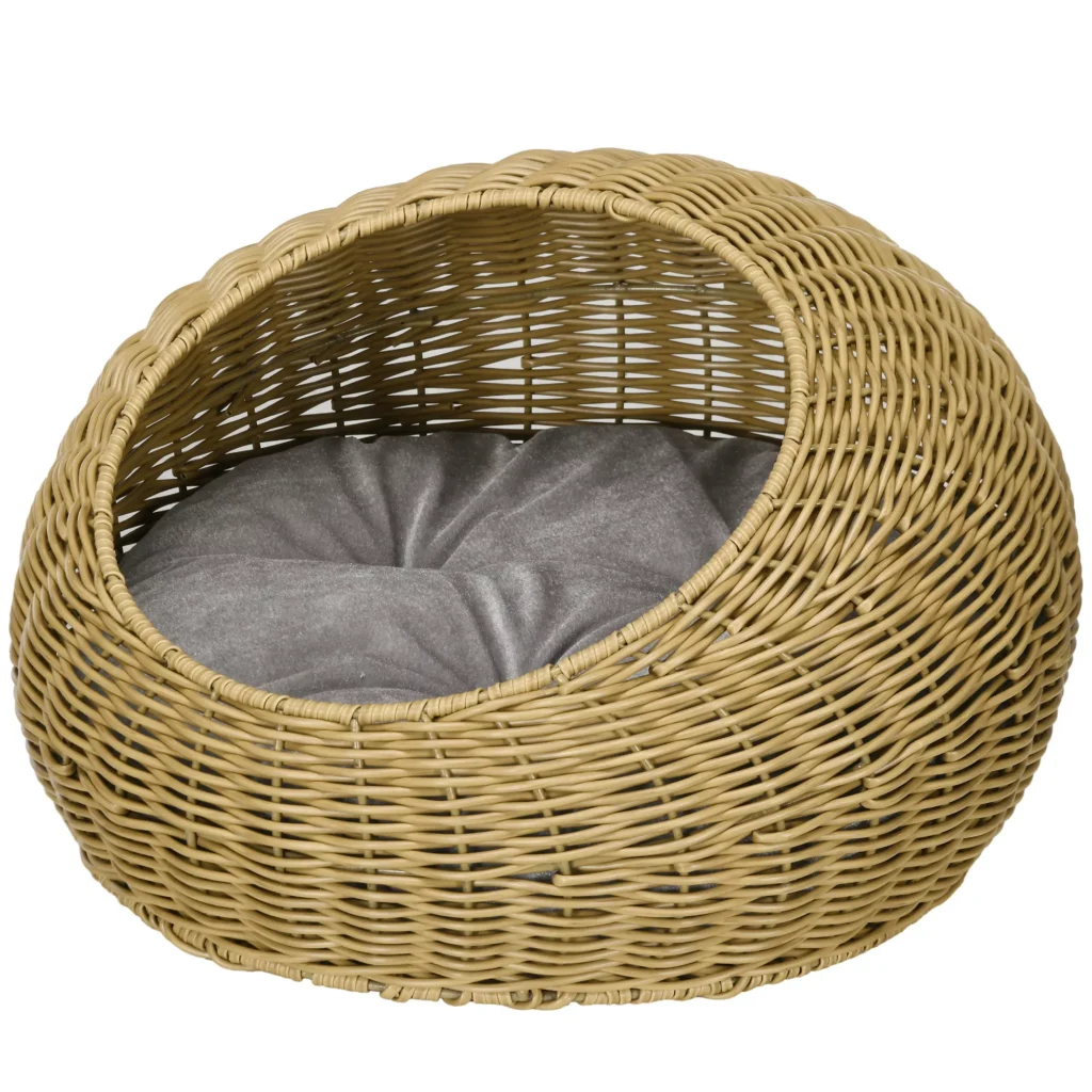 Katės guolis su pagalvėle katėms iki 4 kg, PE rotango, Ø50 x 31 cm, šviesiai rudas