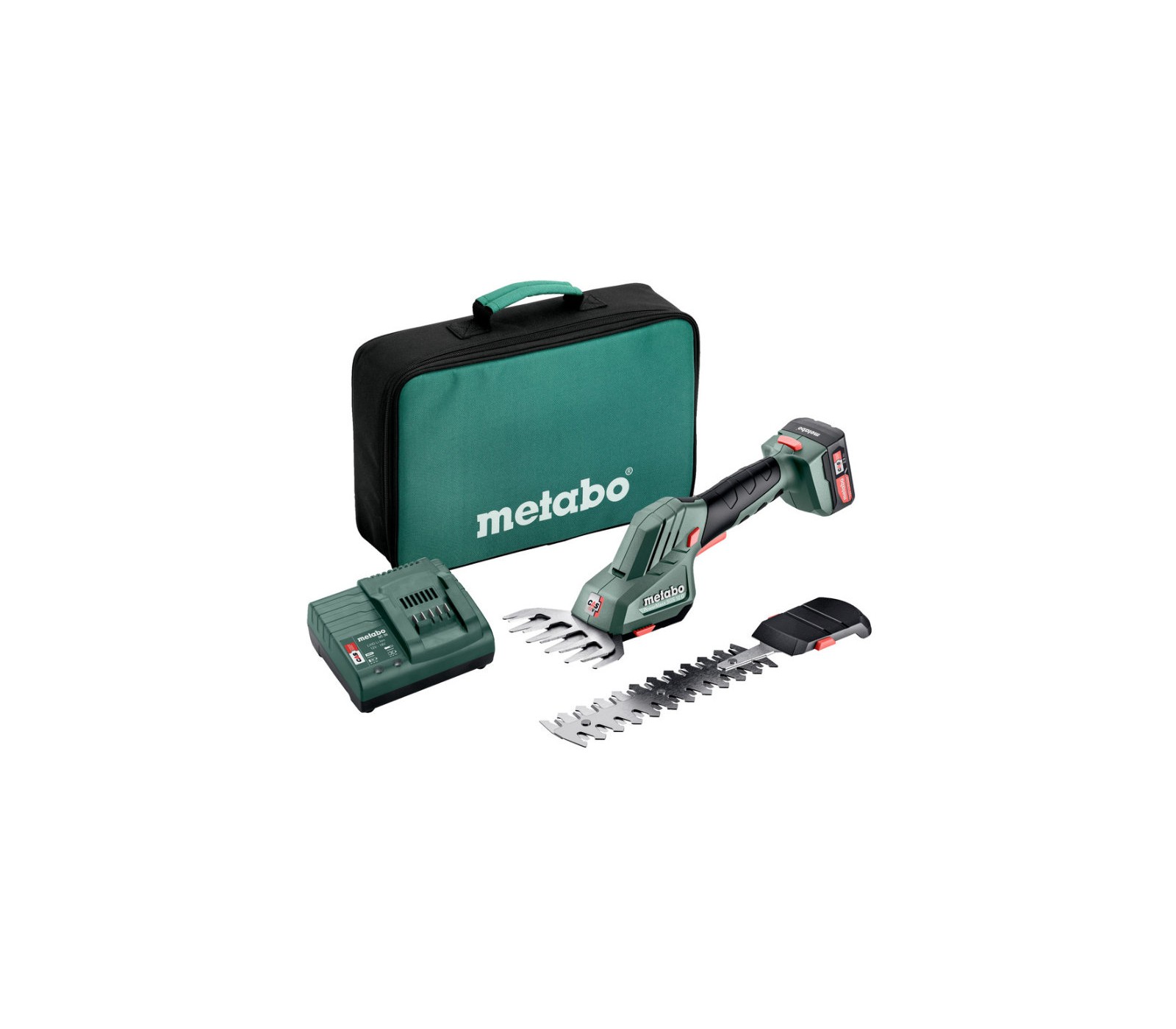 Akumuliatorinių krūmų ir žolės žirklių Metabo PowerMaxx SGS 12 Q (601608500) rinkinys, 12 V, 1 x 2 Ah, įkroviklis + krepšys