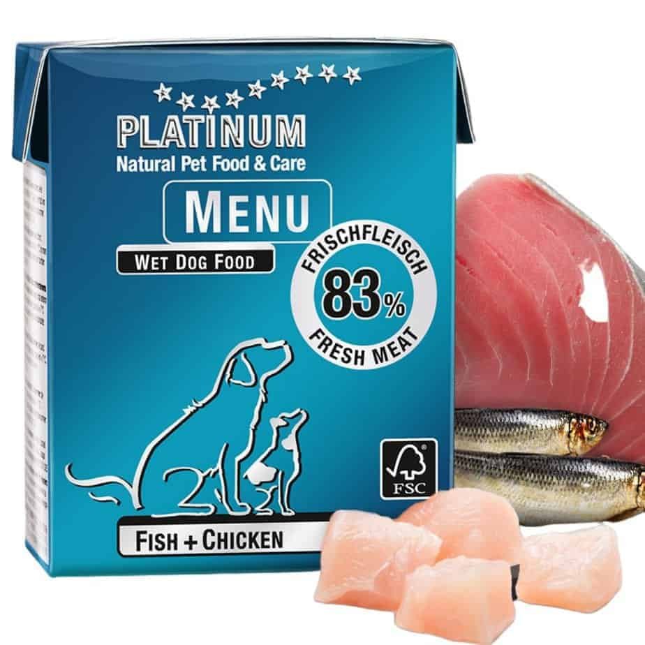 Platinum Menu paštetas šunims su žuvimi ir vištiena, 375g