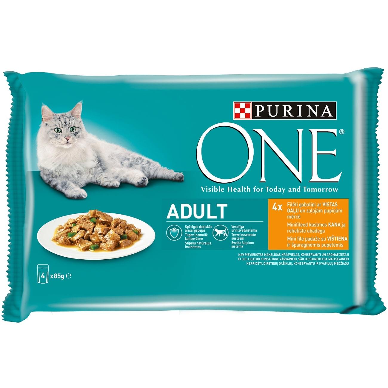Ėdalas katėms ONE ADULT vištiena, šparagai, pupelių padaže, 4 x 85 g