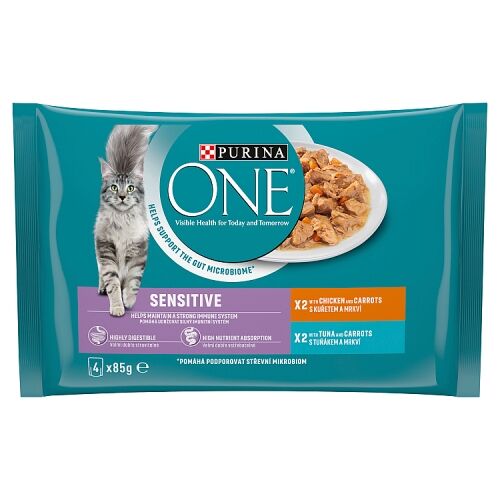 Konservuotas kačių ėdalas ONE Sensitive, su vištiena ir tunu, 4 x 85 g