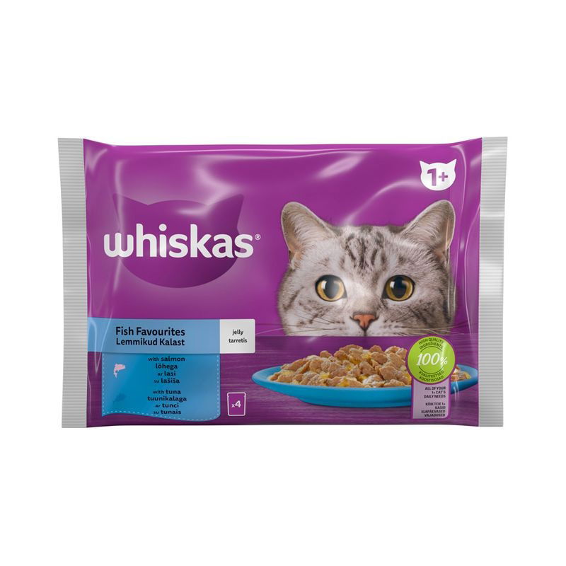 Konservuotas ėdalas katėms WHISKAS, su lašiša ir tunu, 4 x 85 g
