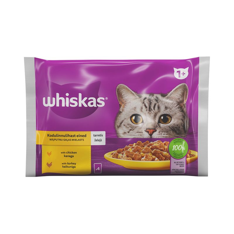 Konservuotas ėdalas katėms WHISKAS, su vištiena ir kalakutiena, 4 x 85 g