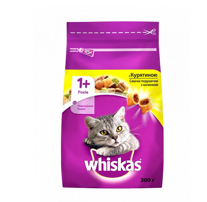 Sausas kačių ėdalas WHISKAS Adult, su vištiena, 300 g