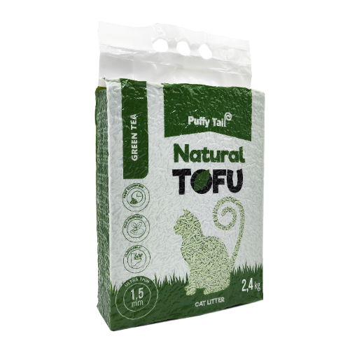 Tofu kraikas katėms PUFFY TAIL, su žaliosios arbatos ekstraktu, 1,5 mm, 2,4 kg