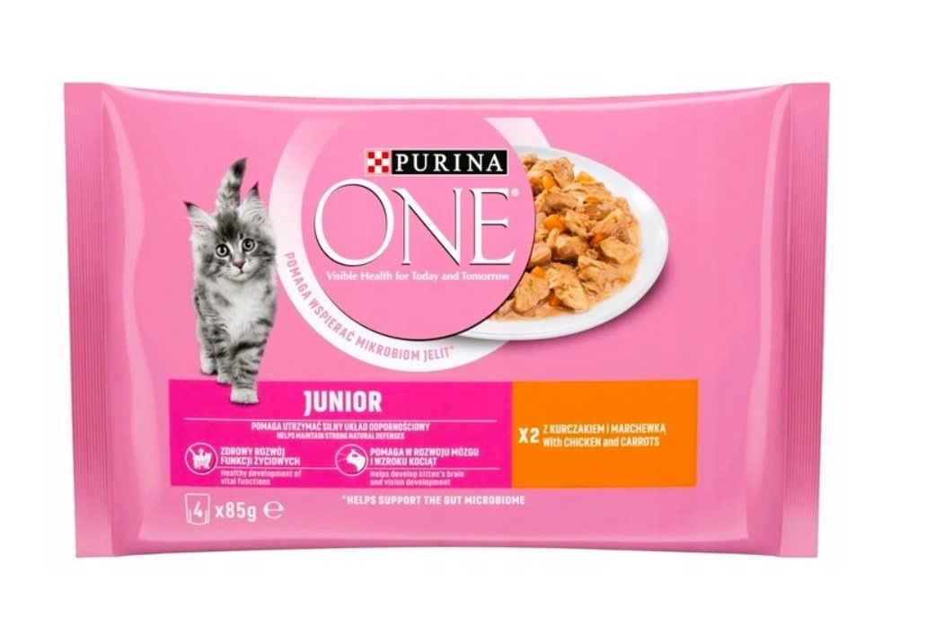 Konservuotas kačių ėdalas ONE Junior, su vištiena padaže, 4 x 85 g