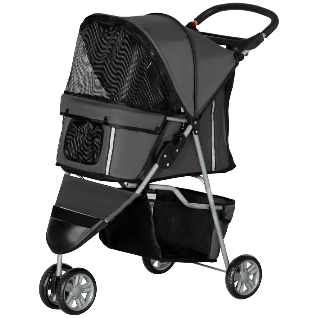 PawHut sulankstomas vežimėlis šunims ir katėms iki 10 kg, vežimėlis katėms su pagalvėle, tinklelio langais, gėrimų laikikliu, daiktadėže, vežimėlis katėms, tamsiai pilkas