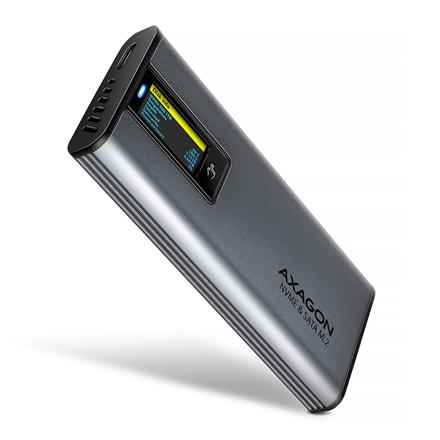 HDD dėklas AXAGON External USB-C 10Gbps metal box with info display for M.2 NVMe and SATA SSD  EEM2