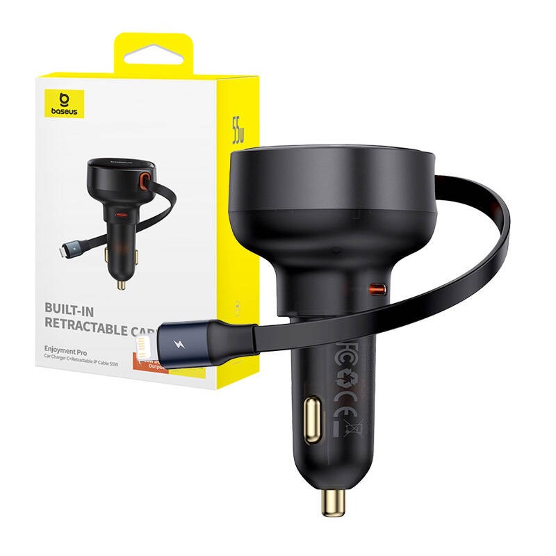 Automobilinis įkroviklis "Baseus Enjoyment Pro" su "Lightning" laidu + USB-C , 55 W (juodas)