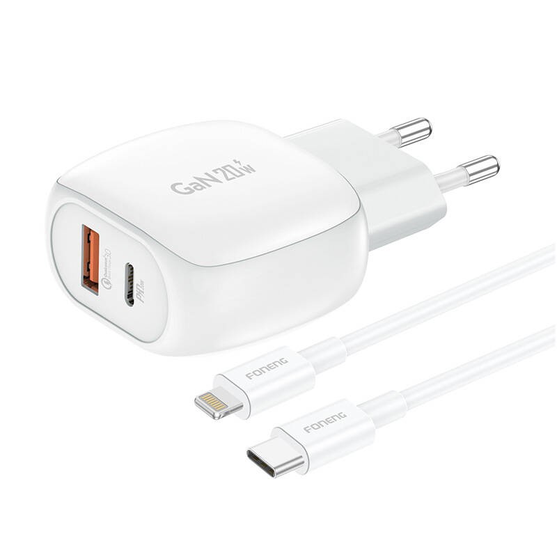 Foneng EU41 USB-C+USB-A 20W tinklo įkroviklis + USB-C - Lightning kabelis (baltas)