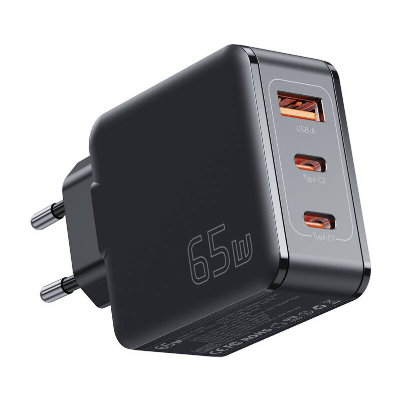 Sieninis įkroviklis, "Essager", ECT2CA-JZB01-Z, GaN, USB-A, 2xUSB-C, 65W (juodas)