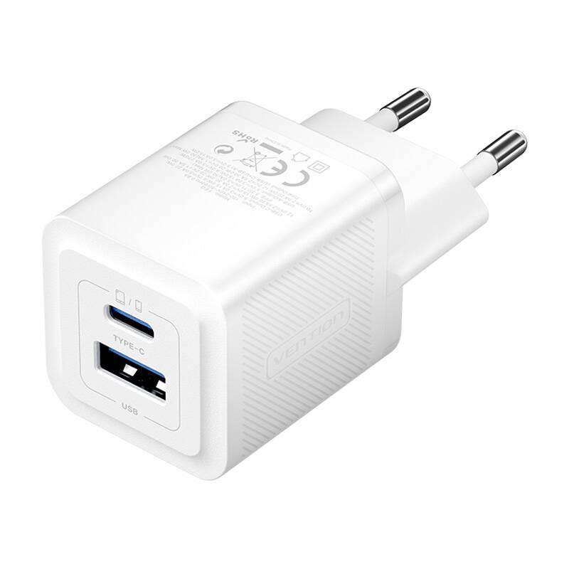 Sieninis įkroviklis, "Vention", FEQW0-EU, USB-C + USB- A, 30W-30W , GaN (baltas)