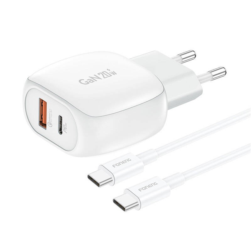 Foneng EU41 USB-C+USB-A 20W tinklo įkroviklis + USB-C-USB-C kabelis (baltas)