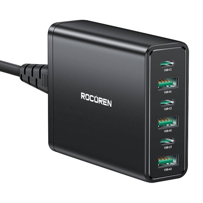 Sieninis įkroviklis GaN Rocoren 3x USB-C, 1x USB, Power Delivery 3.0, 100 W (juodas)