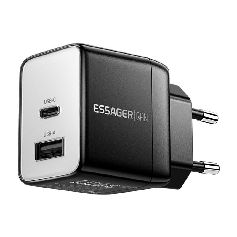 Sieninis įkroviklis, "Essager", ECT33W-LJB01-Z, GaN, 1xUSB-A, 1xUSB-C, 33W (juodas)