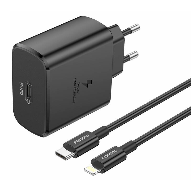 Foneng EU62 USB-C 45W tinklo įkroviklis + USB-C ir "Lightning" kabelis (juodas)