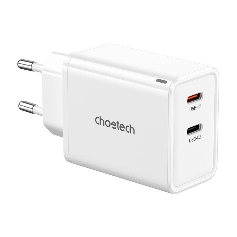 "Choetech" PD6013 tinklo įkroviklis, GaN, 2x USB-C, PD65W (baltas)