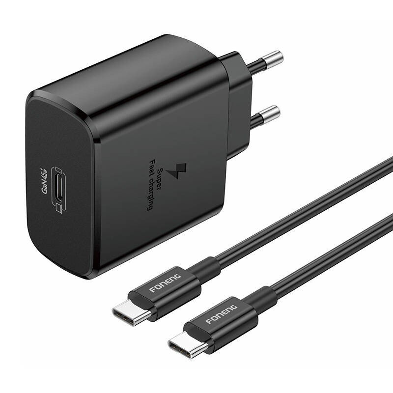 "Foneng EU62 USB-C 45W tinklo įkroviklis + USB-C kabelis (juodas)