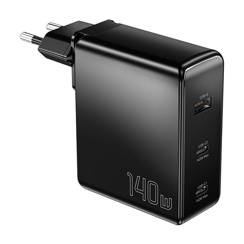 Sieninis įkroviklis, "Essager", ECT2CA-MQB01-Z, 2xUSB-C, USB-A, 140 W (juodas)