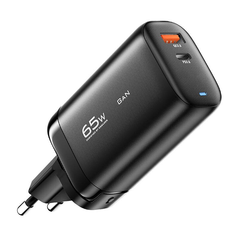 Sieninis įkroviklis, "Essager", ECTAC-MYB01-Z, GaN, USB-C, USB-A, 65 W (juodas)