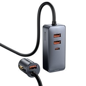 "Baseus Share Together" automobilinis įkroviklis su ilgintuvu, 3x USB, USB-C, 120 W (pilka)