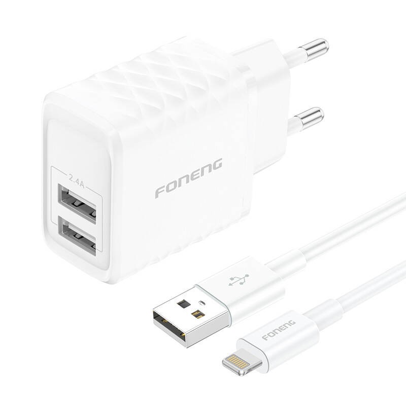 "Foneng EU53" tinklo įkroviklis 2xUSB-A, 2,4A (baltas) + USB-Lightning