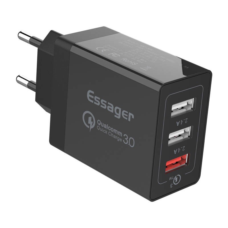 Sieninis įkroviklis "Essager ECTQC3-FBB01" 3xUSB 30W (juodas)