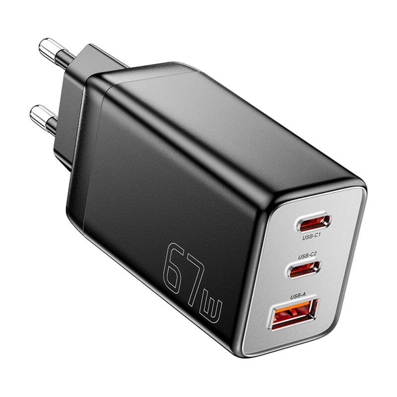 Sieninis įkroviklis, "Essager", ECT67W-LJB01-Z, GaN, 2xUSB-C, USB-A, 67 W (juodas)