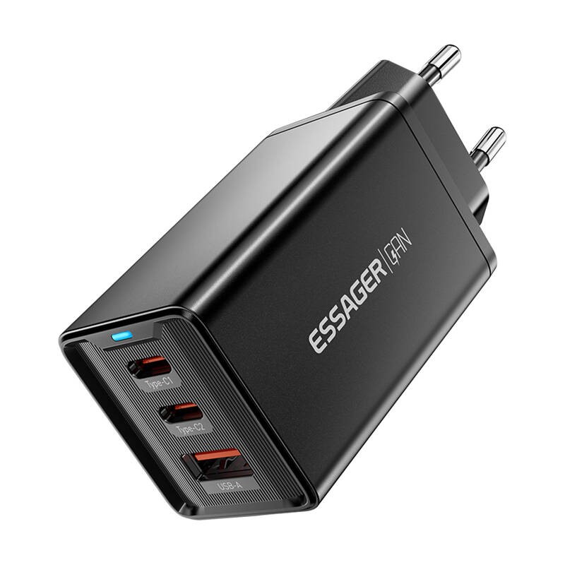 Sieninis įkroviklis, "Essager", ECTAC-KSB01-Z, GaN, 2xUSB-C, USB-A, 67 W (juodas)