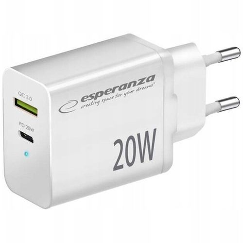 "Esperanza EZC105W" sieninis C tipo 20W + USB QC3.0 18W įkroviklis