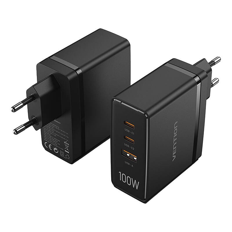 "Vention FEGB0-EU" 2xUSB-C 1xUSB-A 100W-100W-30W GaN tinklo įkroviklis (juodas)