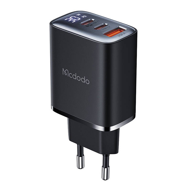 "Mcdodo CH-2180" tinklo įkroviklis su ekranu 2xUSB-C + USB-A, 30 W (juodas)