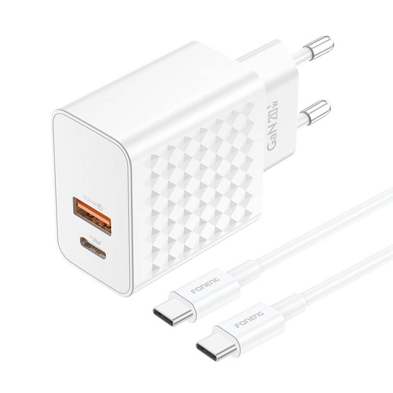 Foneng EU42 USB-C+USB-A 20W tinklo įkroviklis + USB-C - USB-C kabelis (baltas)