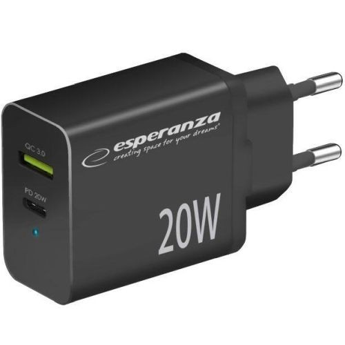 "Esperanza EZC105K" sieninis C tipo 20W + USB QC3.0 18W įkroviklis