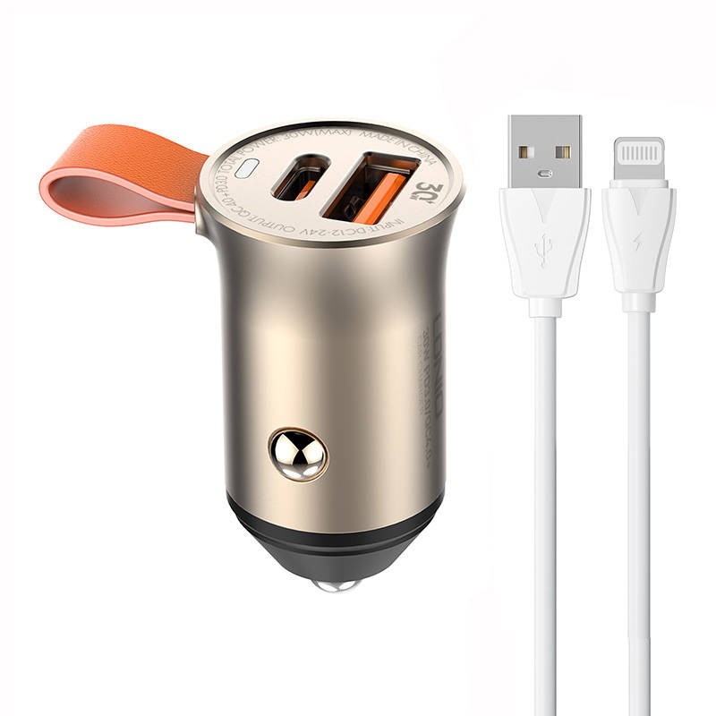 LDNIO C509Q USB, USB-C 30W automobilinis įkroviklis + "Lightning" kabelis