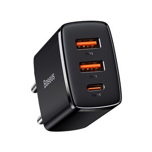 "Baseus" kompaktiškas greitasis įkroviklis, 2xUSB, USB-C, PD, 3A, 30W (juodas)