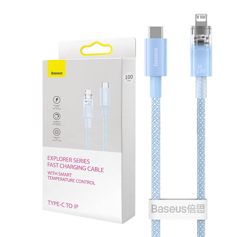 Greitojo įkrovimo laidas "Baseus" USB-C-Lightning Explorer serijos 1 m, 20 W (mėlynas)