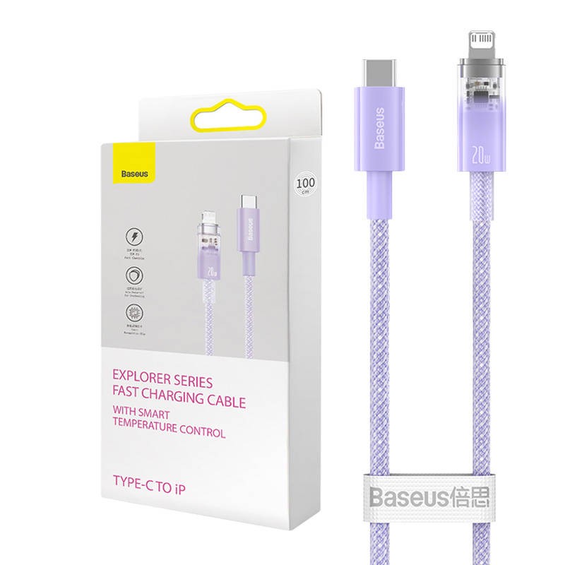 Greitojo įkrovimo laidas "Baseus" USB-C-Lightning Explorer serijos 1 m, 20 W (violetinės spalvos)