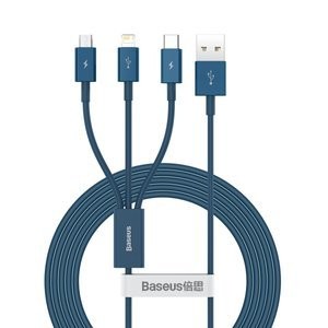 USB kabelis 3in1 "Baseus Superior" serijos, USB į micro USB / USB-C / "Lightning", 3,5 A, 1,2 m (mėlynas)