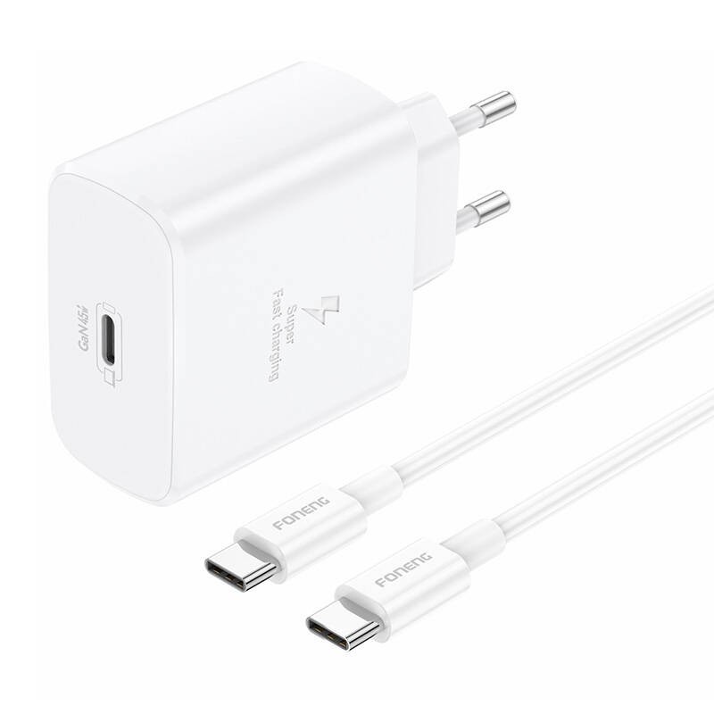 "Foneng EU62 USB-C 45W tinklo įkroviklis + USB-C kabelis (baltas)