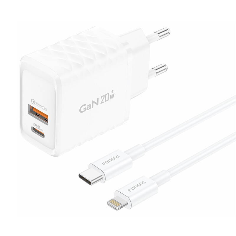 Foneng EU56 1xUSB-A, 1xUSB-C, 20 W tinklo įkroviklis (baltas) + USB-A į "Lightning" laidas