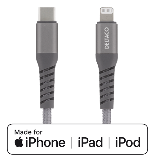 Mob. telefono kabelis DELTACO USB-C su Lightning jungtimi, 1m, pilkas / IPLH-314M