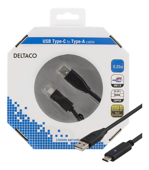 Mob. telefono kabelis DELTACO USB 2.0 "C-A", 0.25m, juodas / USBC-1002-K