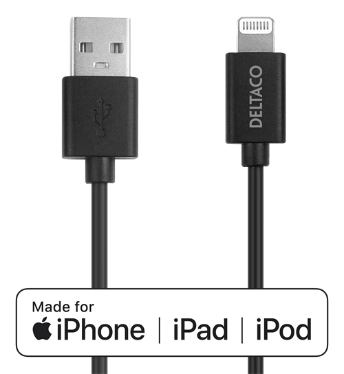 Mob. telefono kabelis DELTACO USB-Lightning,iPod, iPhone, iPad, Apple C189, MFi,1m, juodas/ IPLH-411