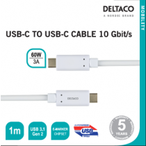 Mob. telefono kabelis DELTACO USB 3.1 Gen2 "C-C", 10 Gbit/s, 60W, 3A, 1m baltas / USBC-1127M