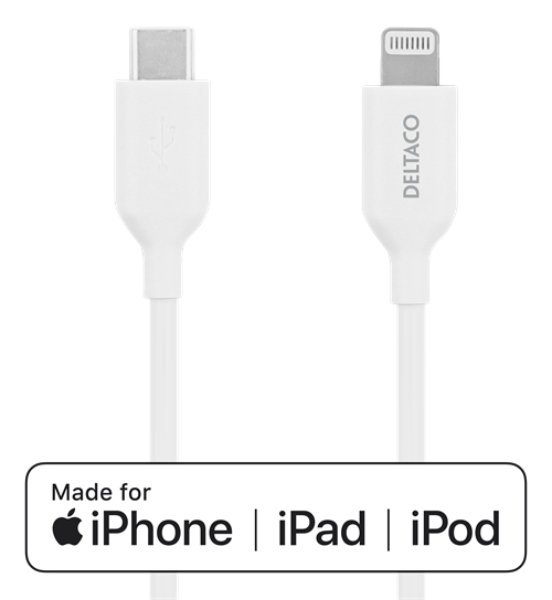 Mob. telefono kabelis DELTACO USB-C-Lightning,iPod, iPhone, iPad, AppleC94, MFi,1m, baltas/ IPLH-451