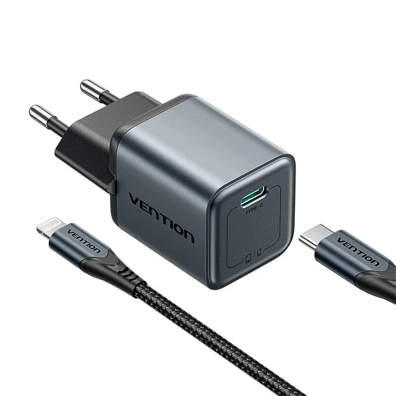 "GaN Vention" USB-C 20W įkroviklis + USB-C-L kabelis 1 m (pilkas)