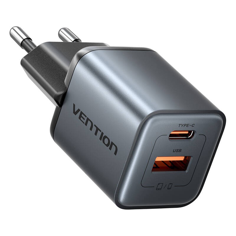 "GaN Vention" USB-C + USB-A 30 W įkroviklis (pilkas)